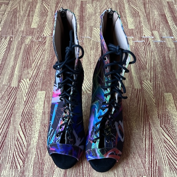 Burju Sierralynn Graffiti Print Lace Up Open Toe Stiletto in 6.5 - EUC - Picture 5 of 12